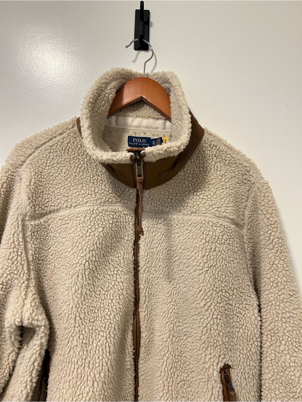 Polo by Ralph Lauren Cream Sherpa Jacket with Brown Trim